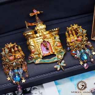 Kirks Folly手工流光溢彩珐琅梦幻仙女可开门的城堡流星胸针耳夹