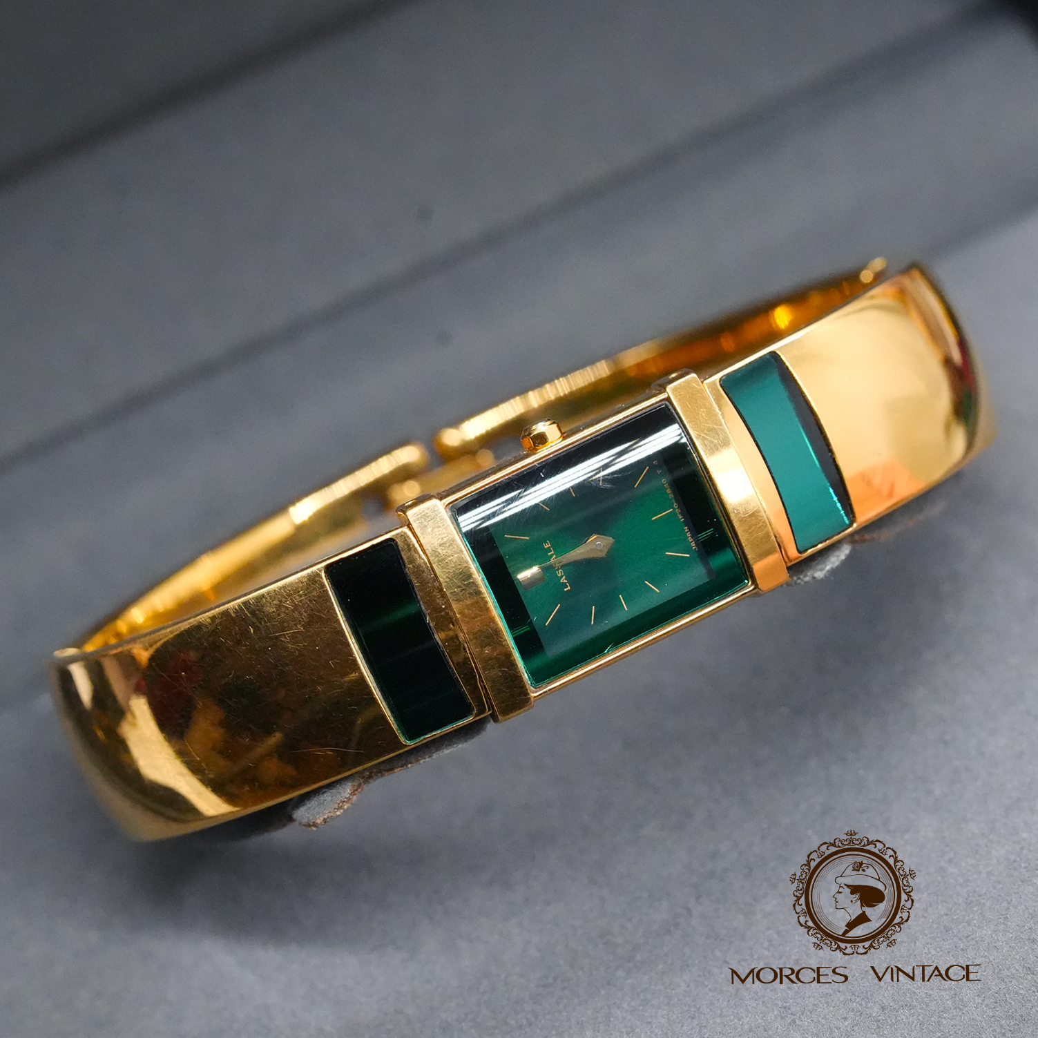 Vintage中古首饰LASSALE稀有款超薄机芯蓝色绿色镯子表