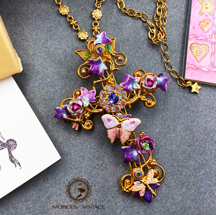 Kirks Folly蝴蝶珐琅紫藤蔓十字架胸针项链两用