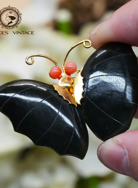 Vintage中古首饰80年代天然墨绿色玉石珊瑚手工蝴蝶胸针吊坠项链