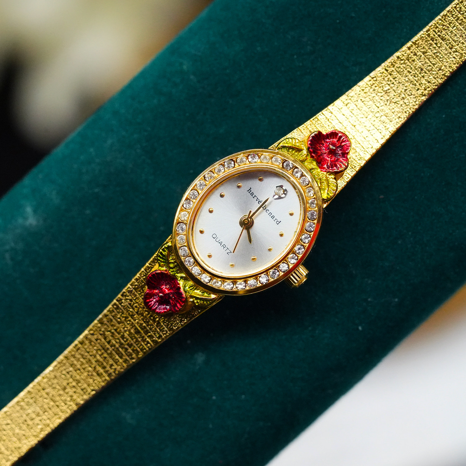 Vintage中古首饰珐琅红玫瑰花优雅甜美石英表