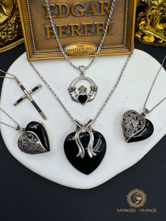 Vintage中古首饰925标准纯银黑玛瑙爱心相片盒像片盒十字架项链