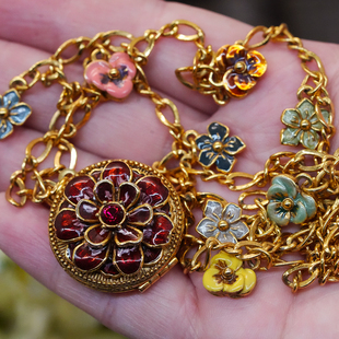 Vintage中古首饰JOAN RIVERS珐琅兰花牡丹相片盒像片盒项链