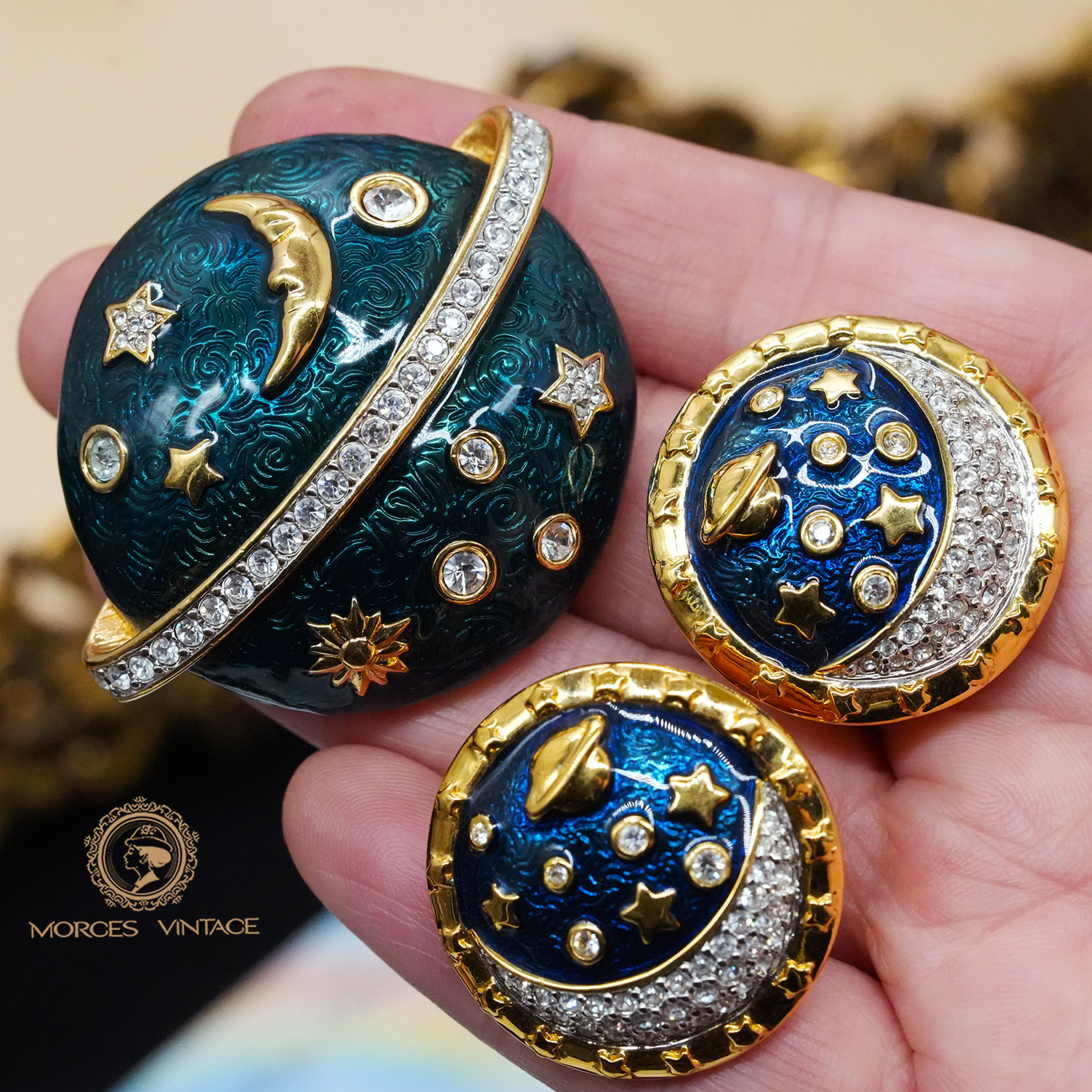 Vintage中古复古首饰施家水晶钻珐琅星月星球宇宙耳夹胸针