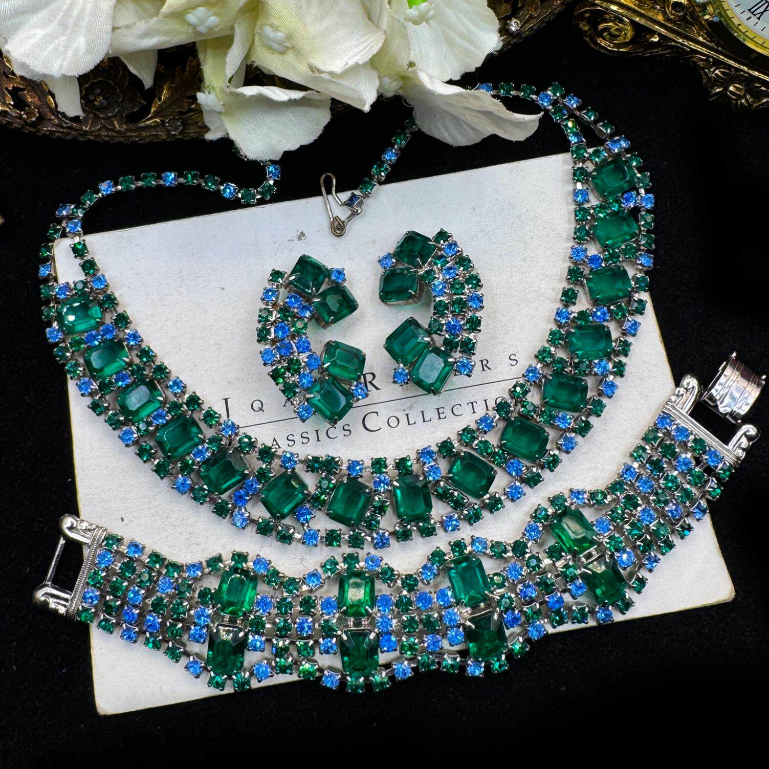 Vintage-S中古首饰50年代蓝绿色稀有奥地利水晶项链手链耳夹套装