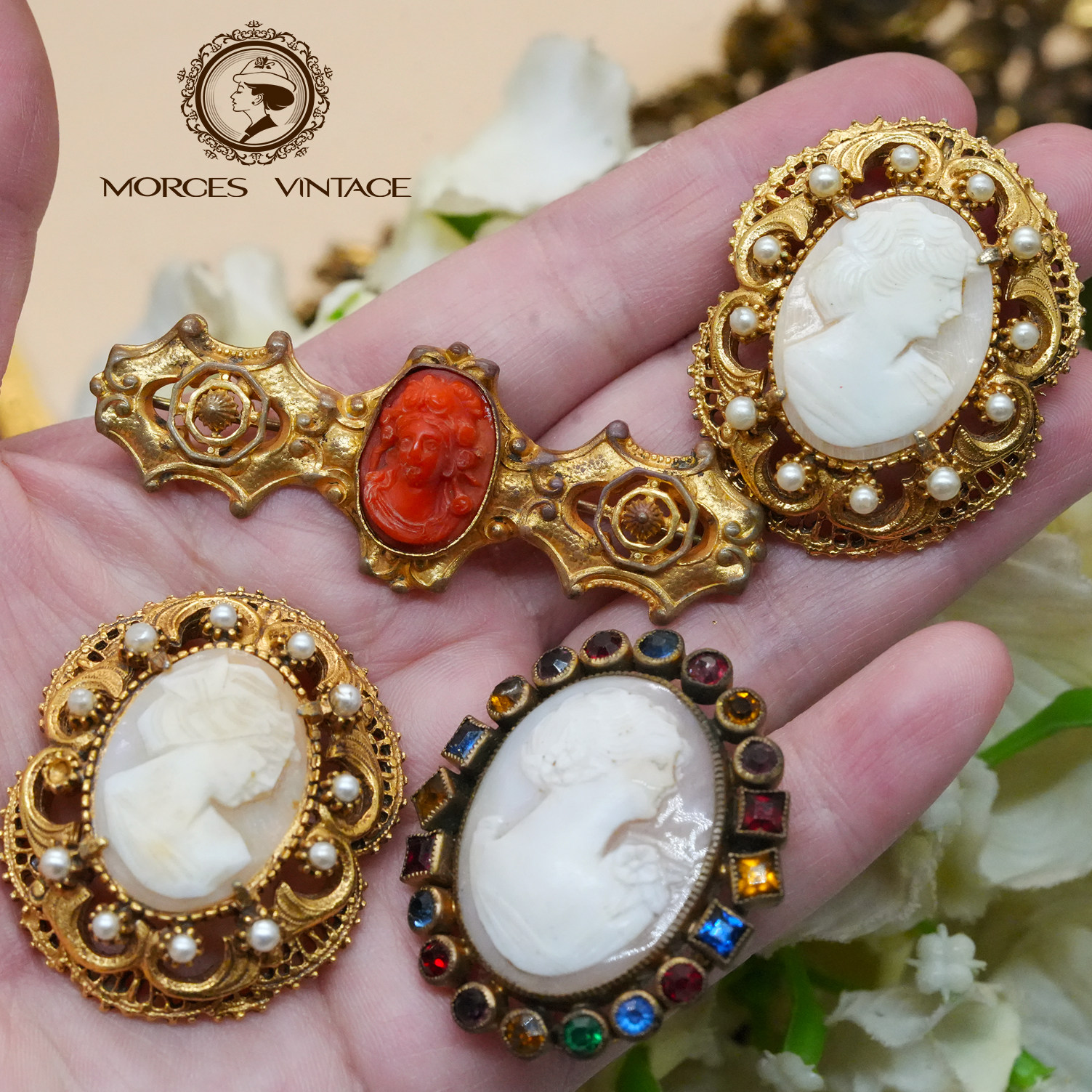 Vintage中古首饰手工贝壳CAMEO浮雕胸针吊坠