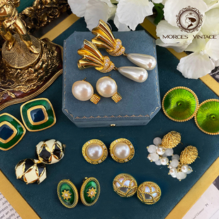 morges现代自制Vintage风复古董首饰珐琅镀金珍珠耳环耳夹耳钉
