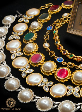 古董首饰珍珠水钻毛衣链镀金琉璃