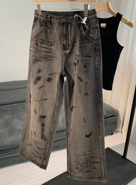 【CHUNXI】【口碑系列】复古港风扎染水洗高腰阔腿牛仔裤长裤女