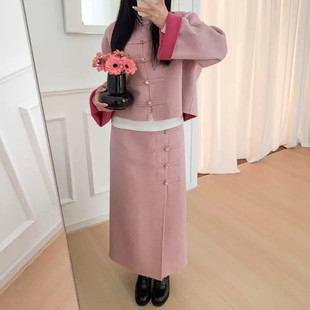 【Chunxi】@Sw 丝羊毛套装 新中式盘扣双面呢大衣外套开衩半身裙