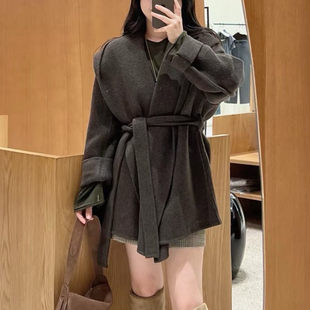 【Chunxi】董洁高圆圆同款荃羊毛宽大连帽系带双面呢大衣毛呢外套