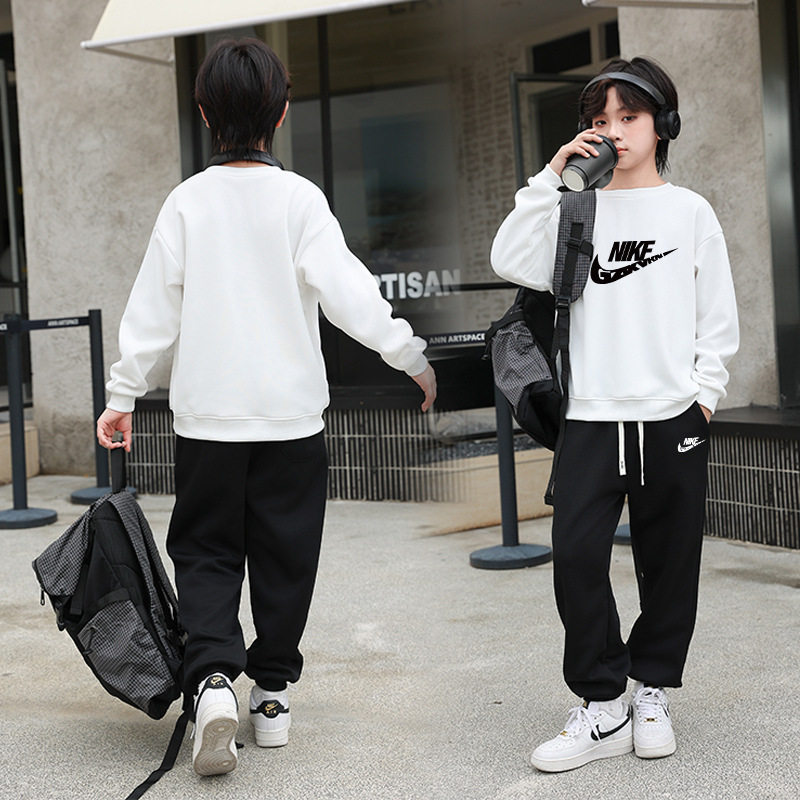 男童套装秋冬款中大童加绒加厚运动服儿童圆领卫衣长裤棉两件套潮