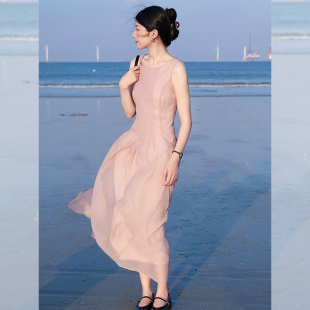 背心连衣裙女夏季 小香风粉色无袖 海边度假超仙欧根纱网纱收腰裙子