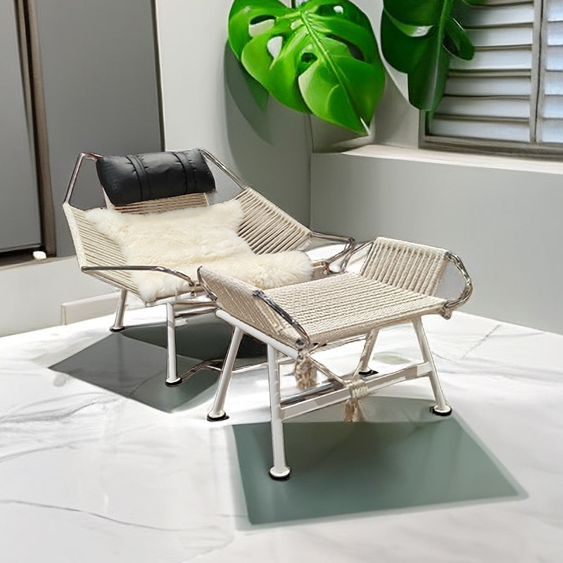 北欧设计师创意旗绳椅侘寂风单人休闲椅极简经典编织躺椅客厅家具