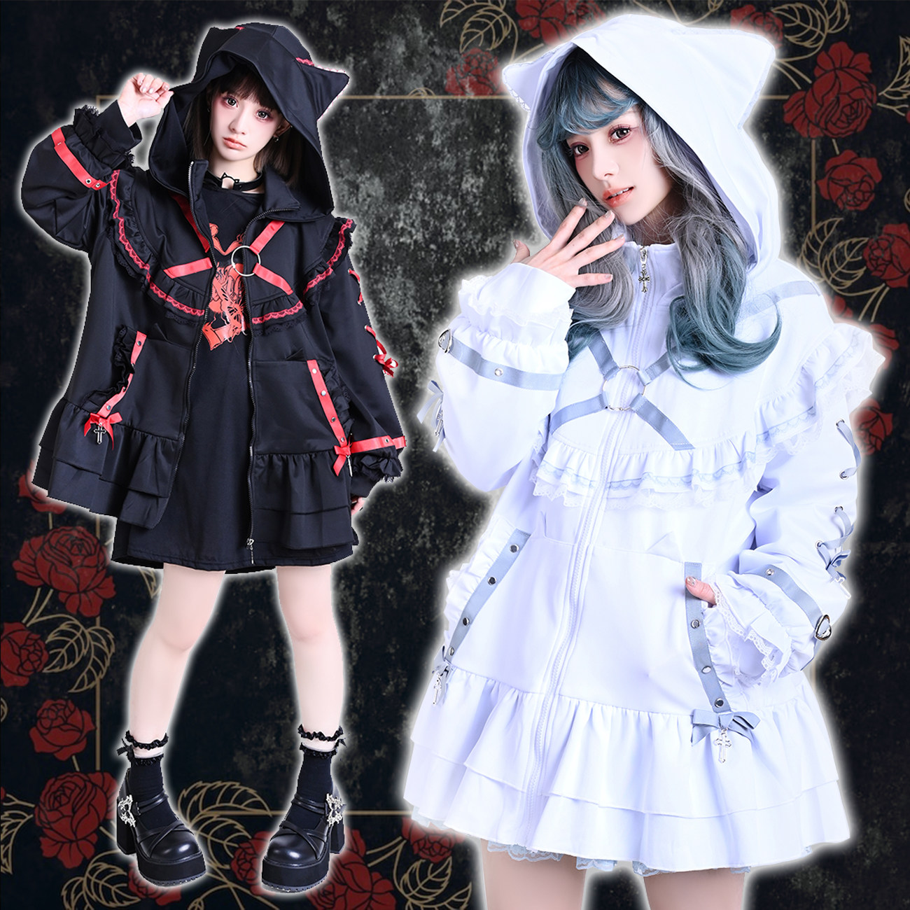 吉儿朋克】原创暗夜喵喵缎带蝴蝶结荷叶边猫耳朵连帽外套