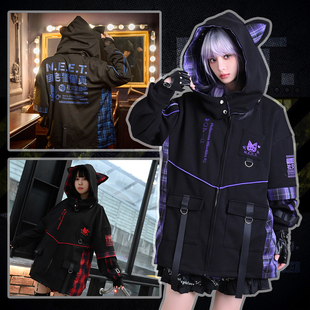 吉儿朋克】原创二次元社交猫NEET自宅警备员格纹耳朵铺棉连帽外套