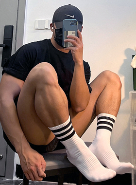 3双纯棉高筒袜子男毛巾底加厚条纹高帮袜体育生运动吸汗白色长袜