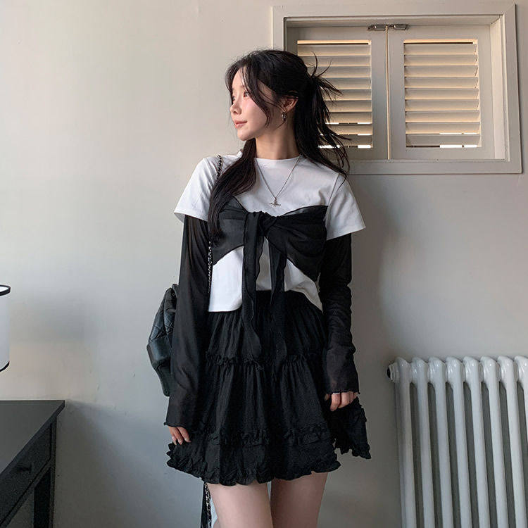 时尚起义韩国自制潮范2026春拼色假两件蝴蝶结长袖T恤dp26030401