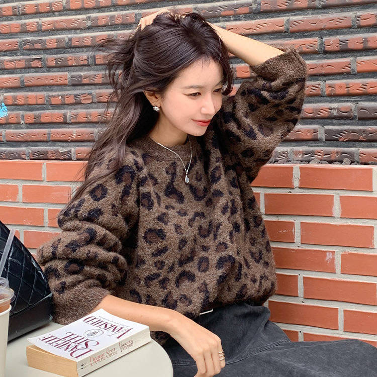 时尚起义韩国潮范2025秋冬圆领拼色豹纹宽松针织衫毛衣dp25102103