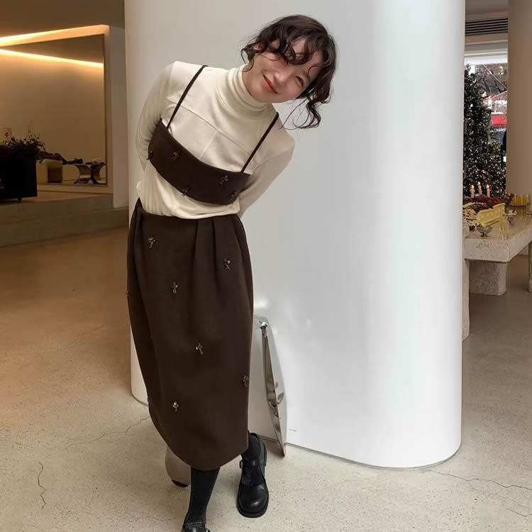 时尚起义吊带抹胸羊毛钉珠半身裙