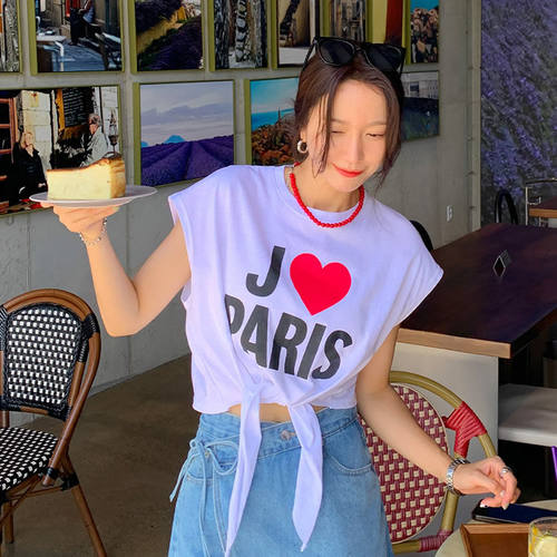 paris爱心绑腰带短袖T恤