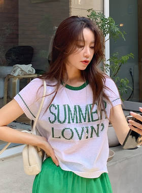 潮范summer轻薄透拼色短袖针织衫