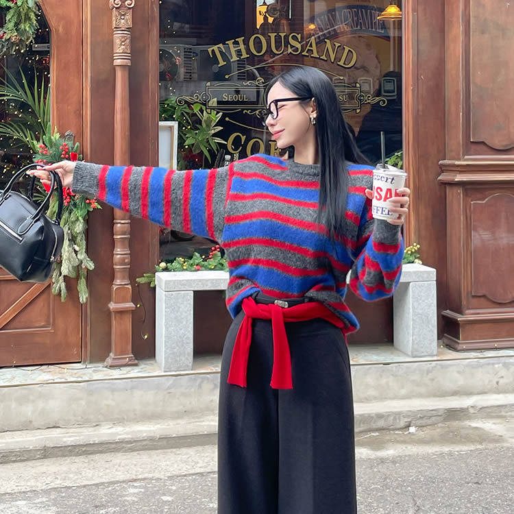 时尚起义韩国潮范2025冬拼色横条纹圆领宽松针织衫毛衣dp25122901