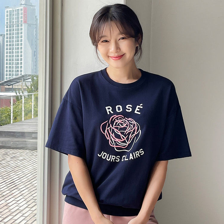 时尚起义韩国潮范2026春rose字母花朵5分短袖卫衣T恤ps26033101
