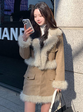 时尚起义韩国套装潮范2025冬毛领子绒革面短外套+短裙dp25121104