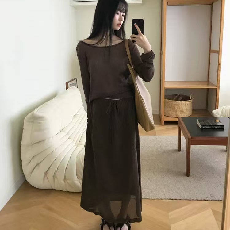 时尚起义螺纹长袖t恤+系带半身裙