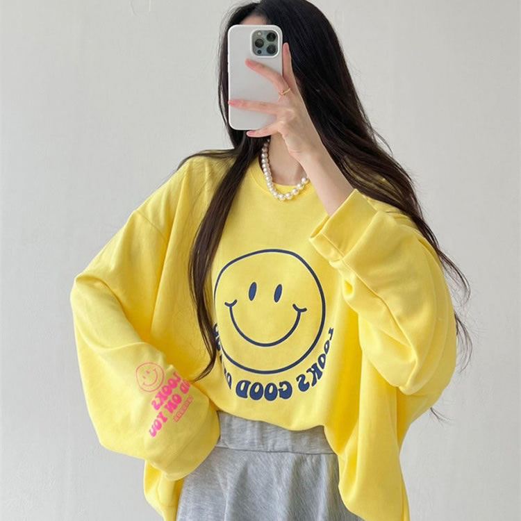 时尚起义韩国潮范2024秋新looks笑脸宽松长袖卫衣T恤dw24081910