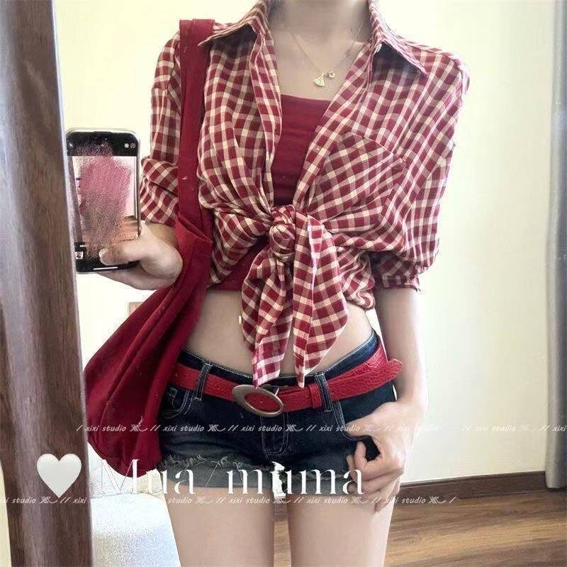 美式复古格子衬衫女夏季新款设计感小众宽松显瘦防晒短款长袖上衣