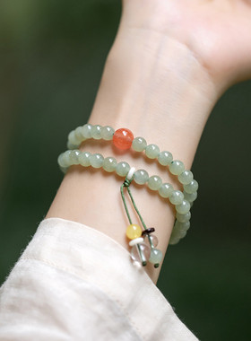 天然青海料和田玉青玉手串多圈青白玉佛珠民族风复古风手饰送礼