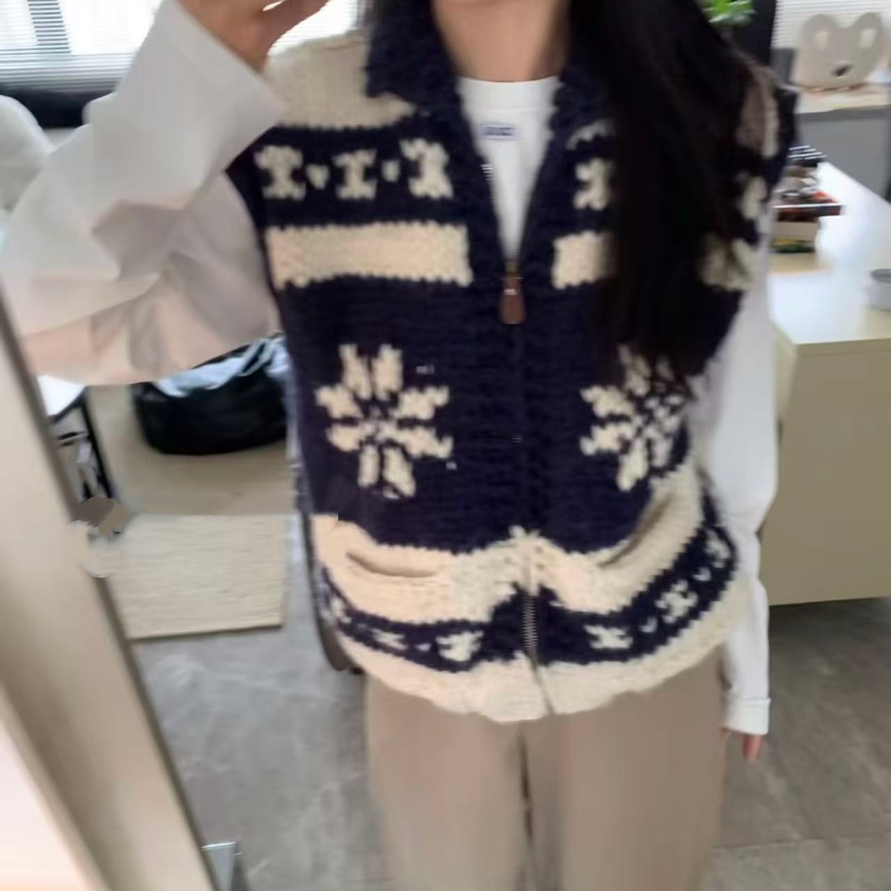 纯手工！复古粗针翻领拉链马甲