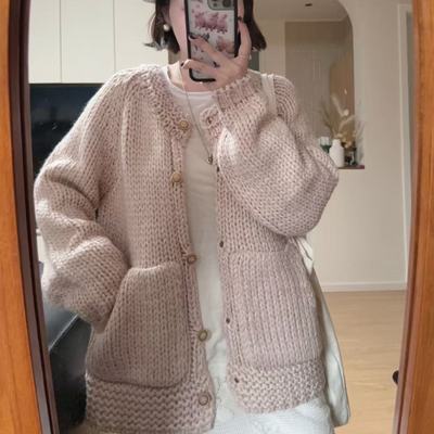 慵懒风单排扣粗针毛衣开衫