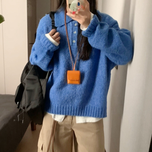 宽松长袖 加厚版 韩版 新款 百搭针织上衣 蓝色polo领套头毛衣女冬季