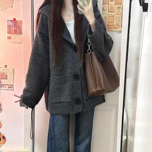 加厚版！慵懒风连帽单排扣毛衣开衫女秋冬新款韩版宽松针织衫外套