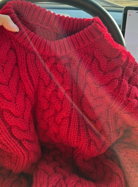 加厚版！慵懒风红色麻花套头毛衣女冬季新款韩版宽松针织衫上衣潮