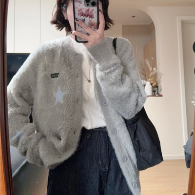 毛茸茸灰色水貂绒毛衣开衫