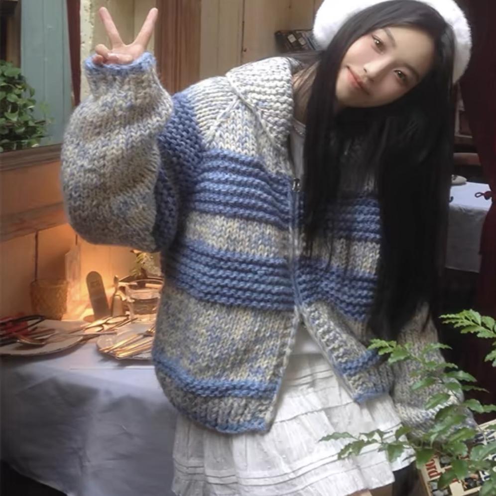 纯手工！撞色翻领粗针毛衣开衫