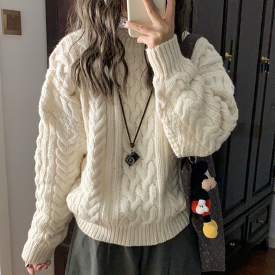 慵懒风复古粗针麻花套头毛衣