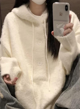 加厚版！慵懒风白色连帽水貂绒套头毛衣女秋装新款韩版宽松针织衫
