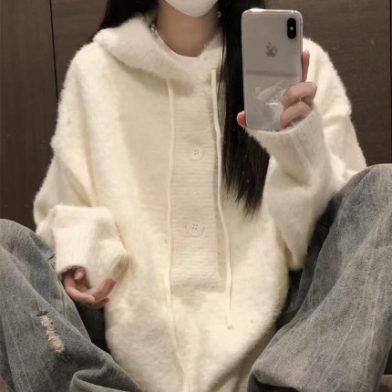 加厚版！慵懒风白色连帽水貂绒套头毛衣女秋装新款韩版宽松针织衫