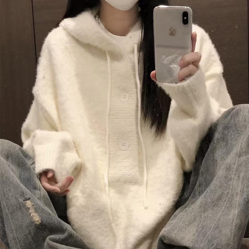 加厚版！连帽套头宽松白色毛衣