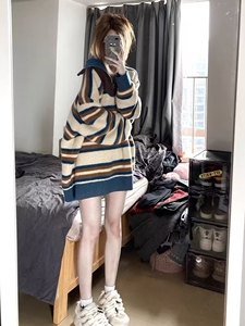 oversize！慵懒风条纹撞色翻领毛衣女春装新款韩版宽松针织衫外套