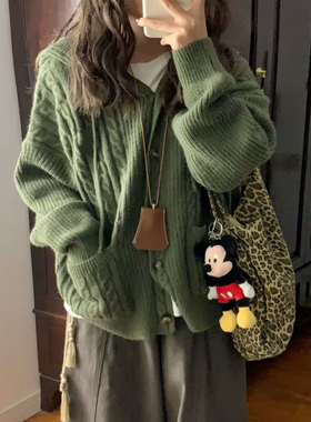 oversize！绿色连帽毛衣开衫女秋冬新款韩版宽松麻花针织衫外套潮