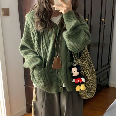 oversize！绿色连帽毛衣开衫