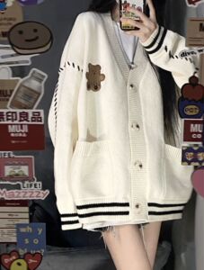 oversize！ins卡通小熊毛衣开衫女春装新款长袖慵懒宽松针织外套