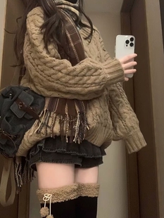 加厚版！韩国V领麻花灯笼袖套头毛衣女秋冬新款慵懒宽松针织上衣