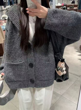 加厚版！慵懒风连帽单排扣毛衣开衫女春装新款韩版宽松针织衫外套